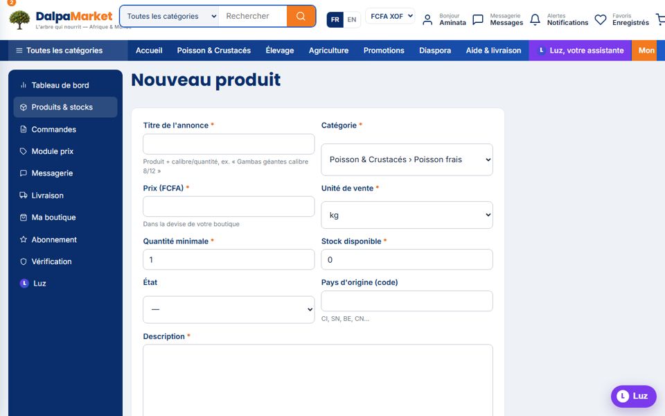 Capture d'écran — Créer une fiche produit avec Luz