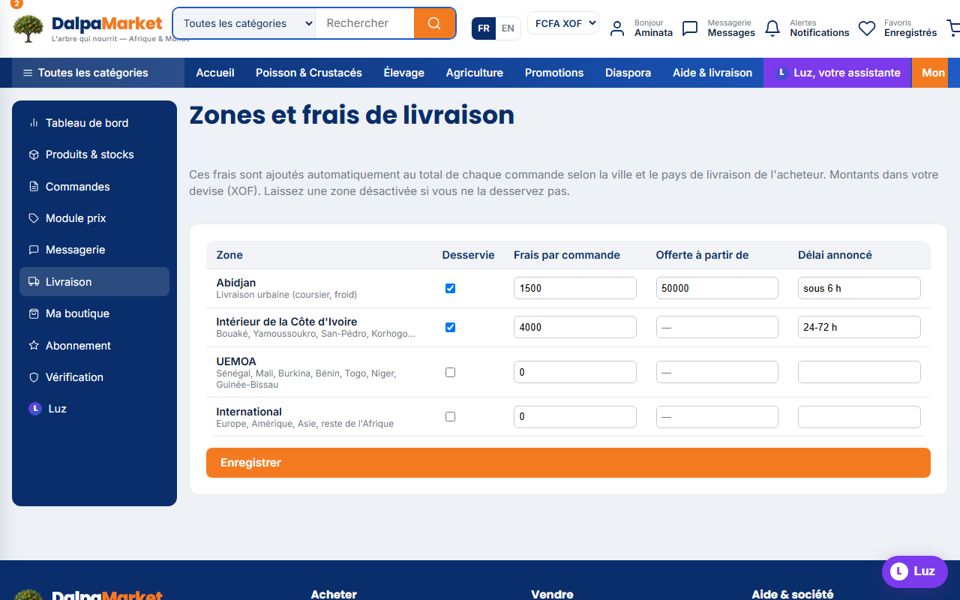 Capture d'écran — Configurer vos zones de livraison